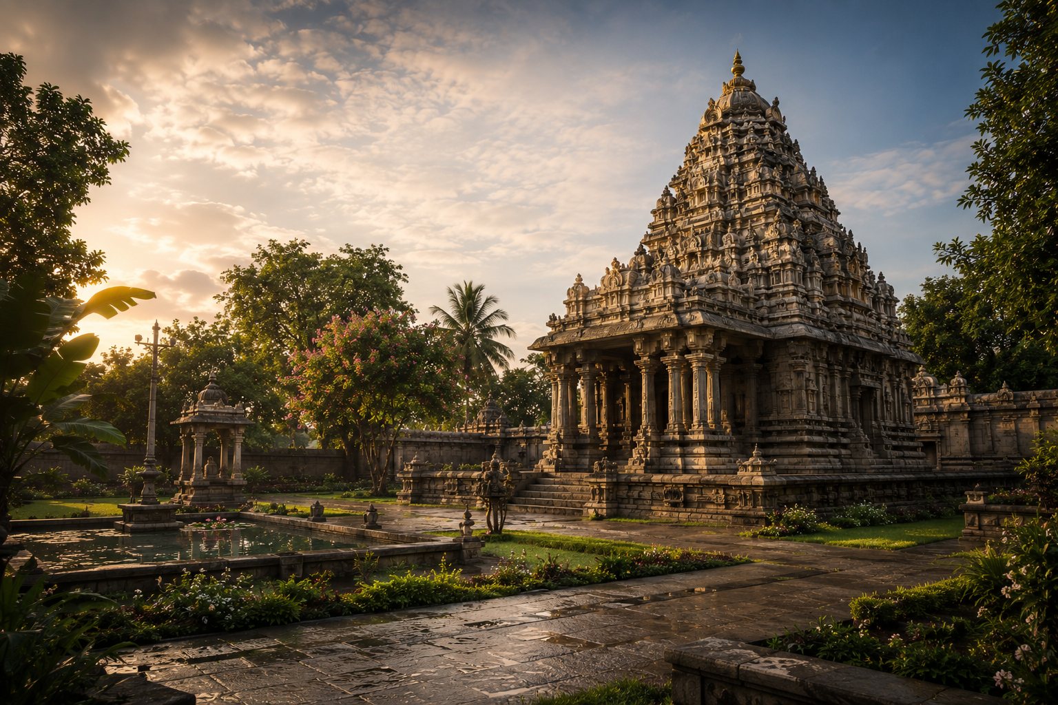 South Indian stone temple at golden hour with a designed grove, lotus pond and flowering canopy