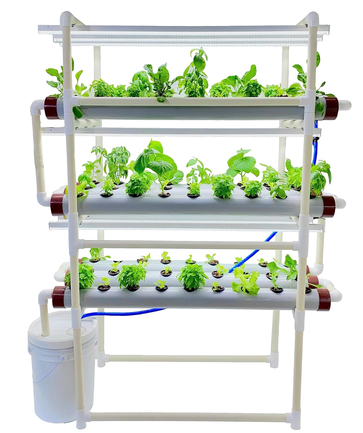 Indoor vertical hydroponic system, three tiered grow channels with leafy greens and herbs, LED grow lights and a nutrient reservoir